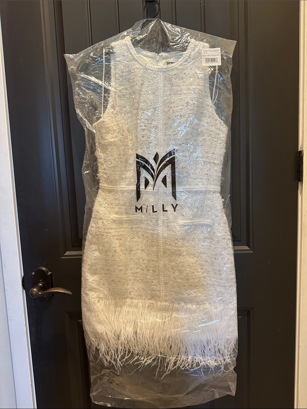Milly Ivory Tweed Sheath Dress with Feather Hem